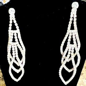 Vintage Rhinestone Long Chandelier Sparkling Cast Designer Pierced Earrings